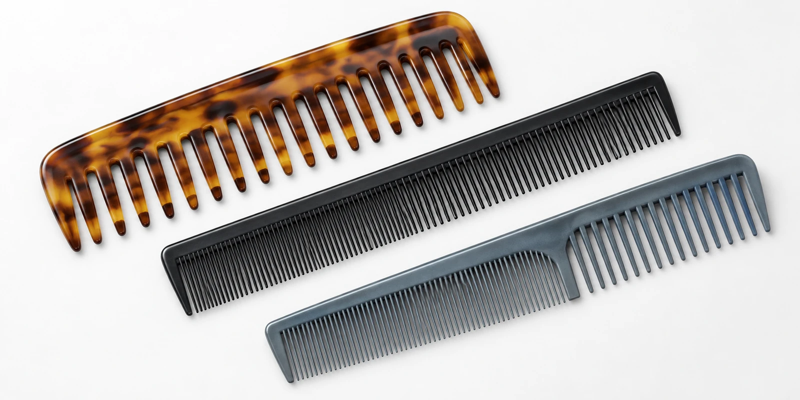 Full-size wide-tooth and styling combs arranged for dedicated hair tools retail section merchandising