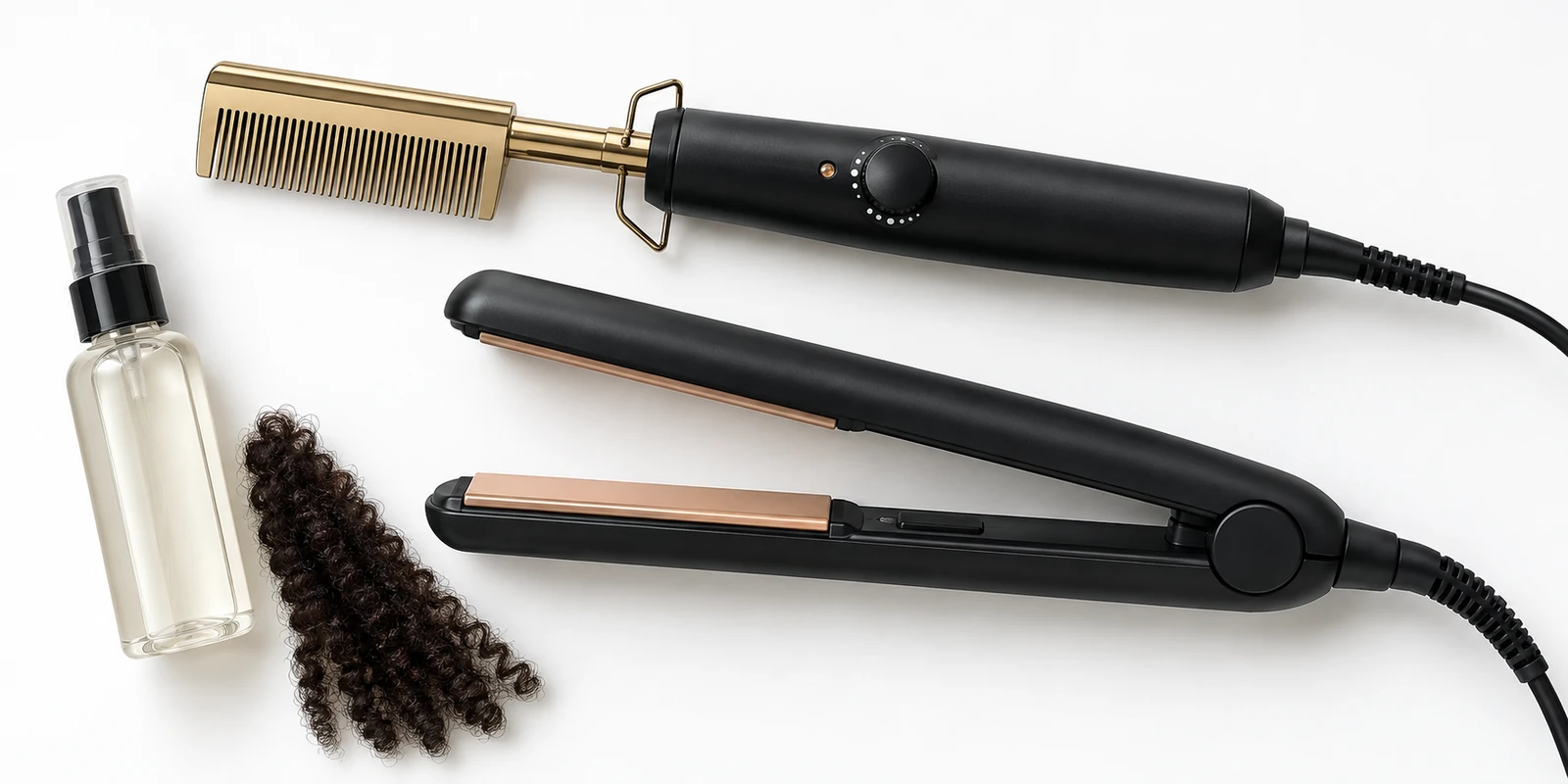 Hot comb and flat iron shown together representing the combined technique used for Type 4 natural hair straightening