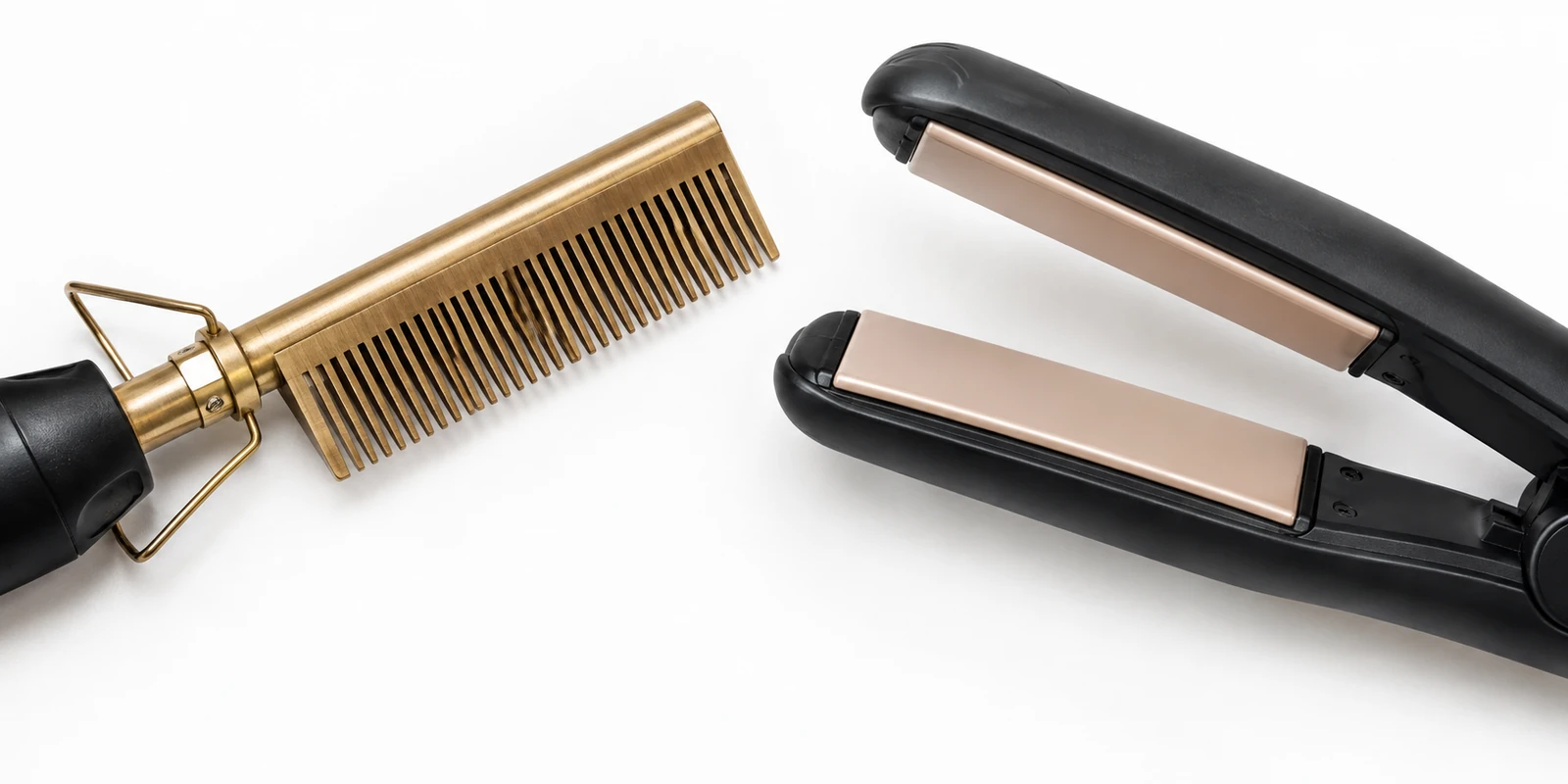Hot comb narrow teeth compared to flat iron flat plates showing different heat contact mechanisms on natural hair
