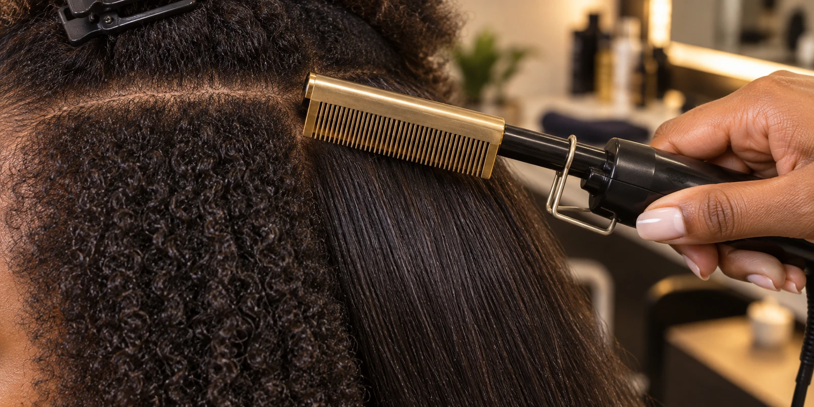 Hot comb positioned close to the scalp illustrating root proximity advantage for straightening dense natural hair