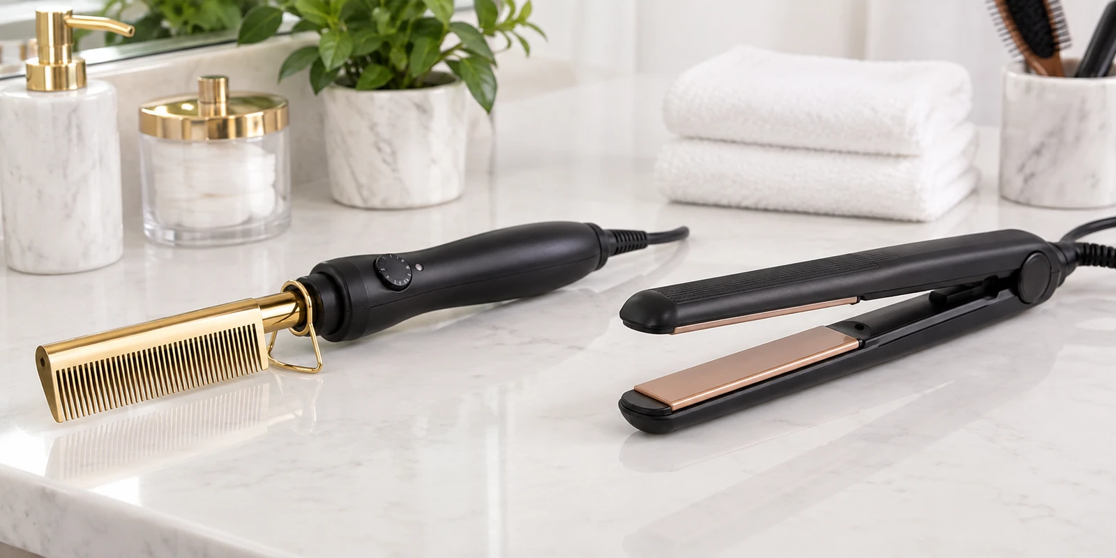 Electric hot comb and flat iron displayed side by side for natural hair straightening comparison