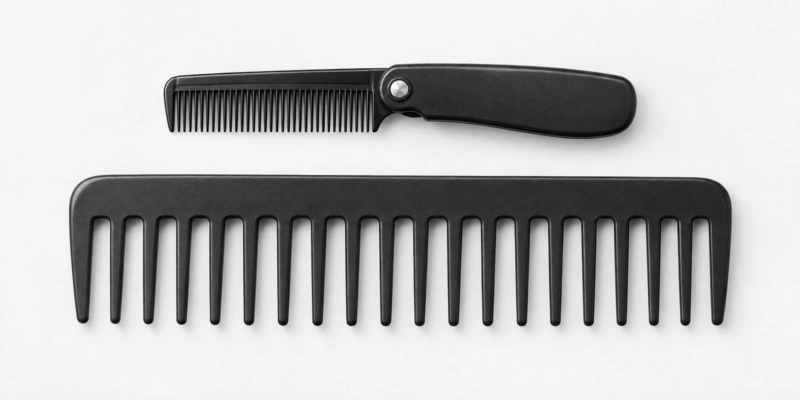 Compact folding pocket comb and full-size wide-tooth comb displayed side by side for retail stocking comparison