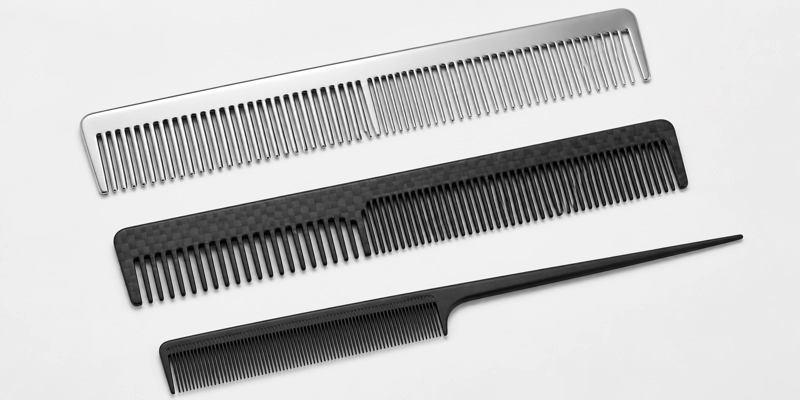 Professional comb range showing titanium and carbon fiber material tiers for salon and stylist use