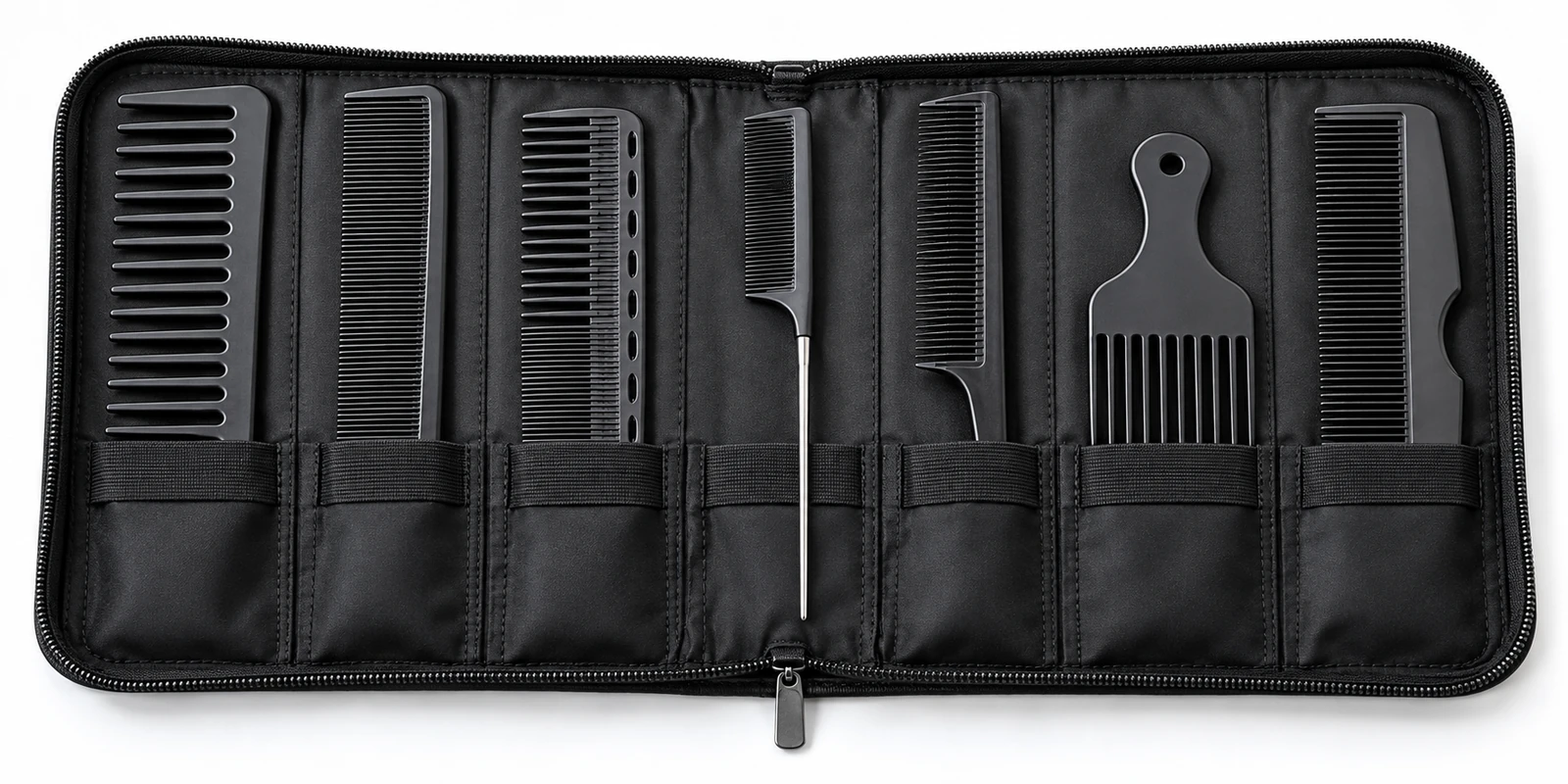 Professional comb set with organized storage case showing individual comb slots for salon or barbershop use