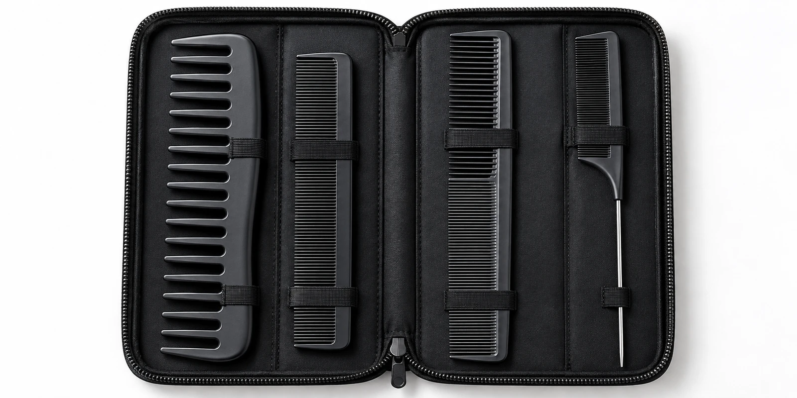 Professional hair comb set including wide-tooth fine-tooth styling comb and rat-tail comb arranged in a case