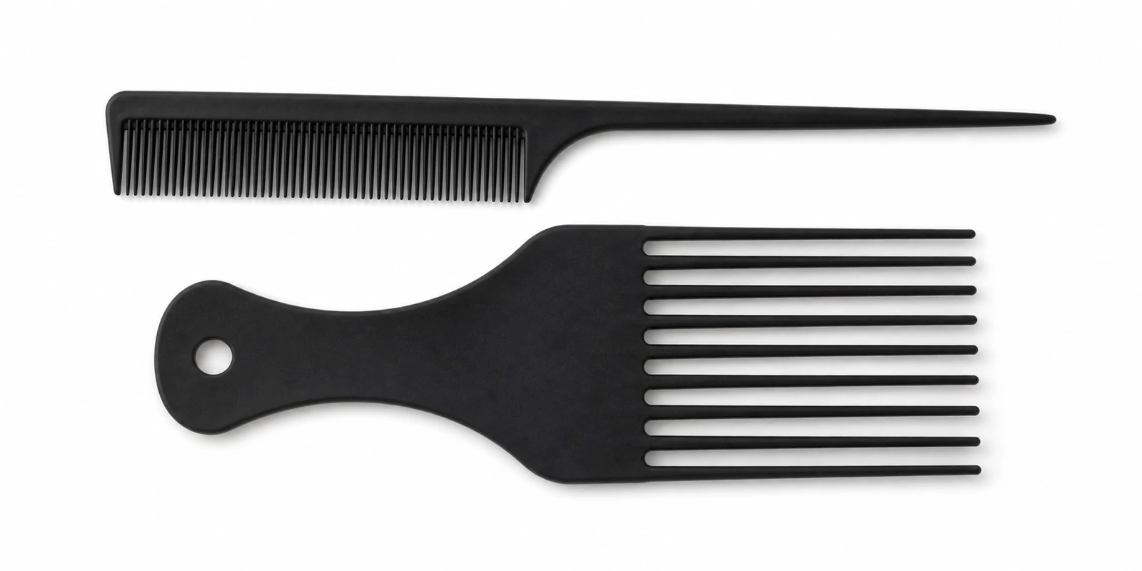 Teasing comb and afro pick shown as specialty professional comb types for volume and textured hair styling