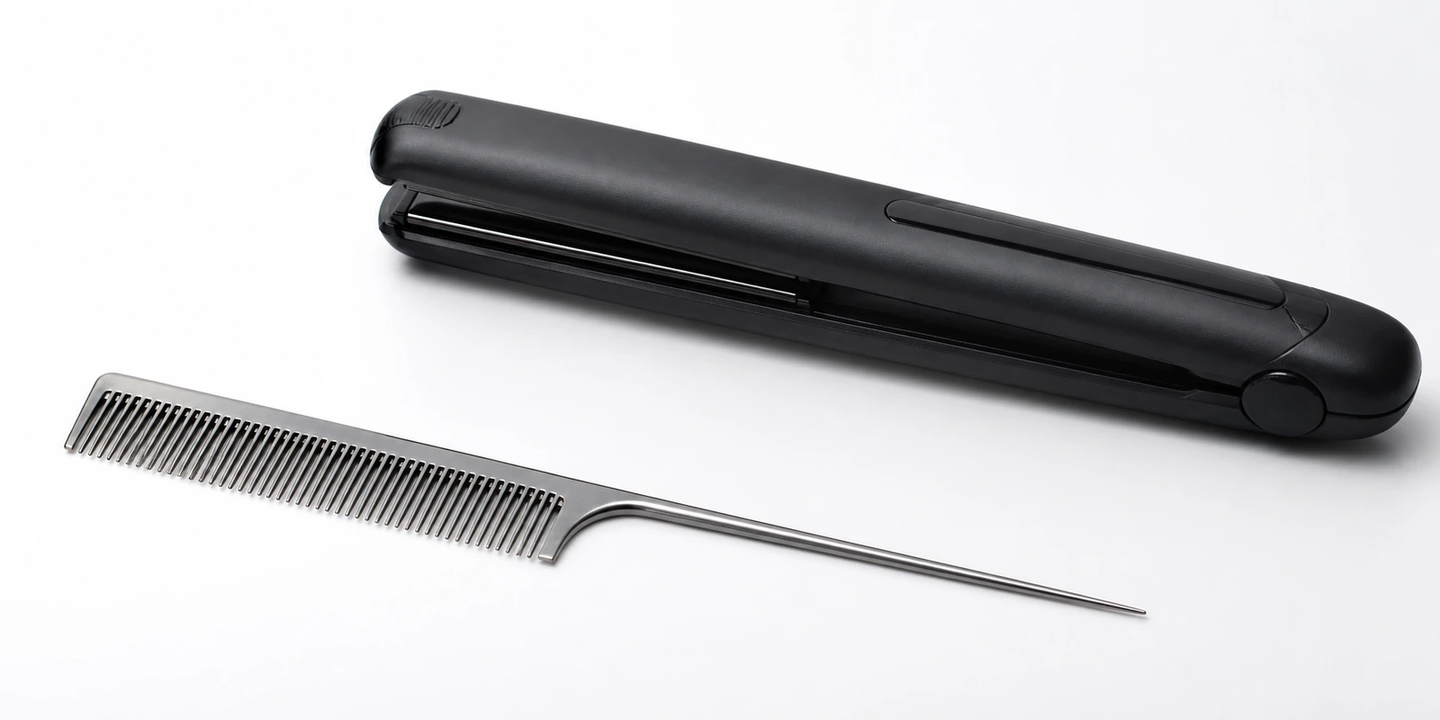 Titanium sectioning comb shown near a flat iron representing heat-adjacent professional styling use