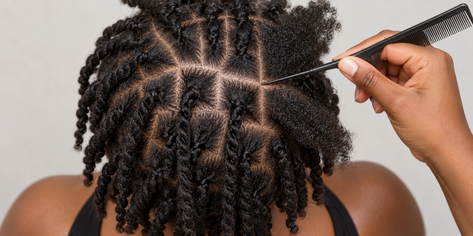 Consistent small sections of natural hair parted with a twist comb for uniform defined twist-out coils
