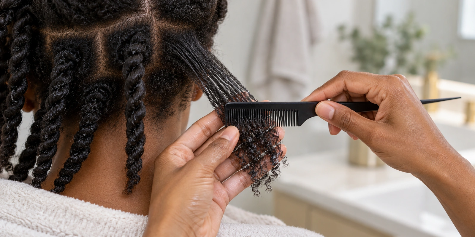 Twist comb used to section and comb through wet product-coated natural hair before two-strand twisting