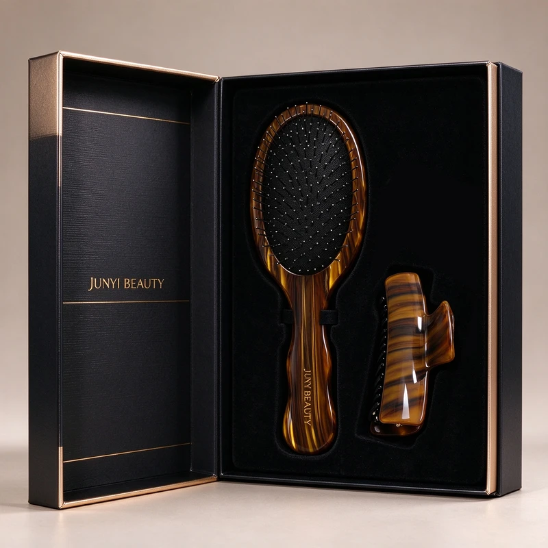 Amber Striped Acetate Hair Brush & Claw Clip Gift Set