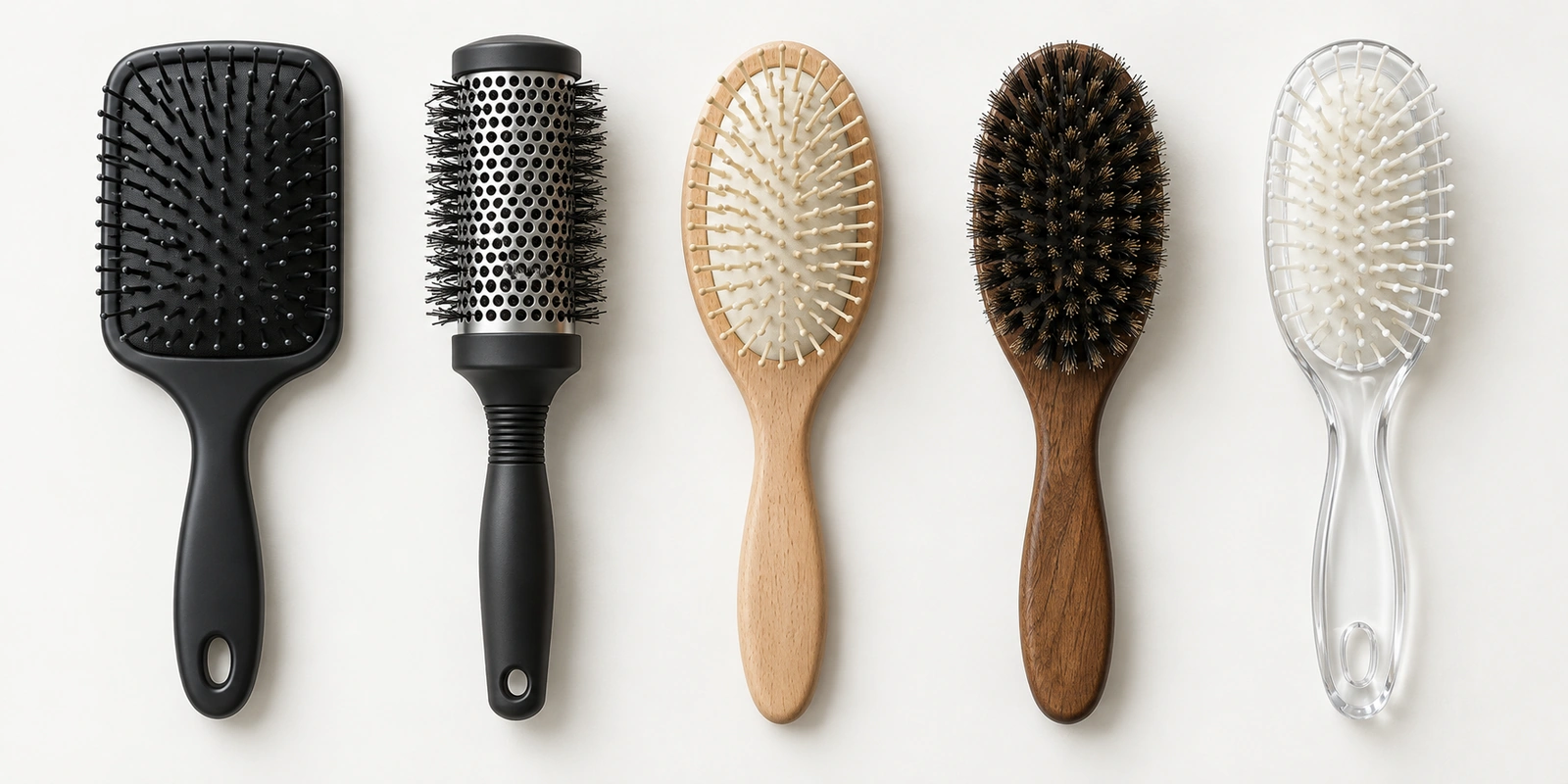 Custom hair brushes in paddle, round, wooden and boar bristle styles arranged for cost comparison