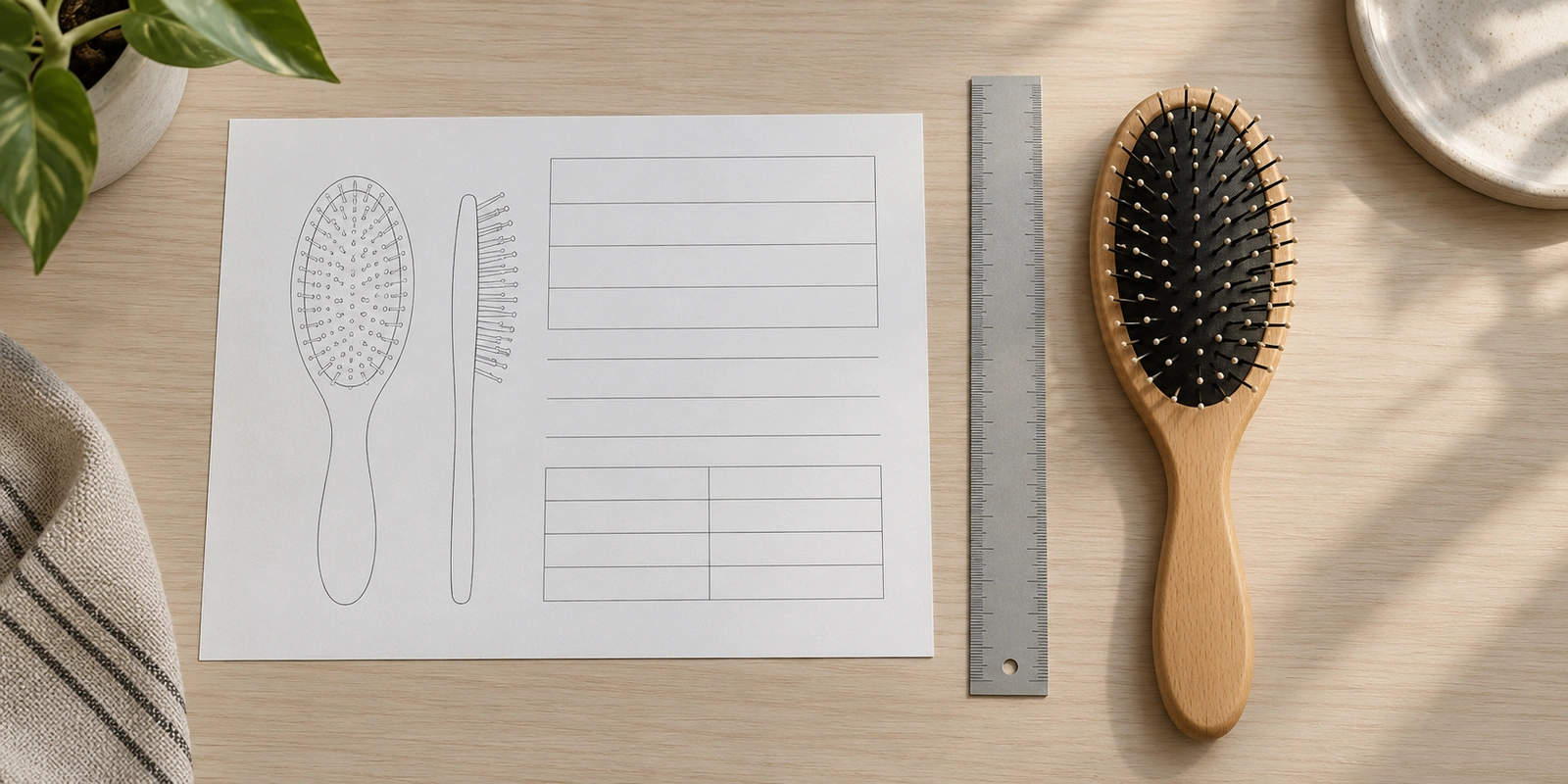 Custom hair brush specification sheet beside a pre-production sample brush on a desk