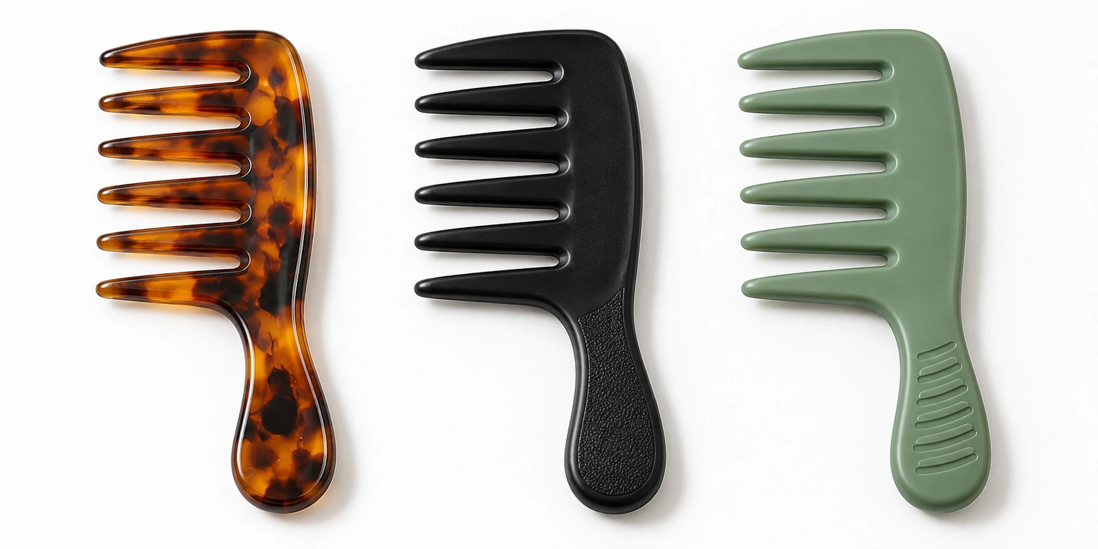Extra-wide-tooth combs in seamless-finished acetate and ABS showing tooth thickness and grip design