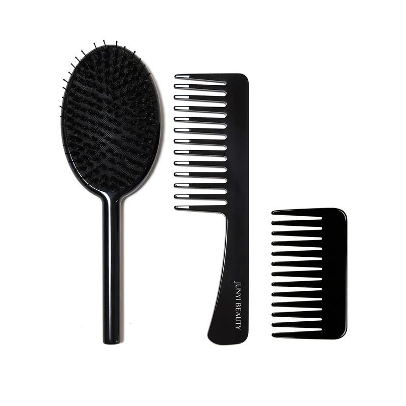 Glossy Black Acetate Hair Brush & Comb Set