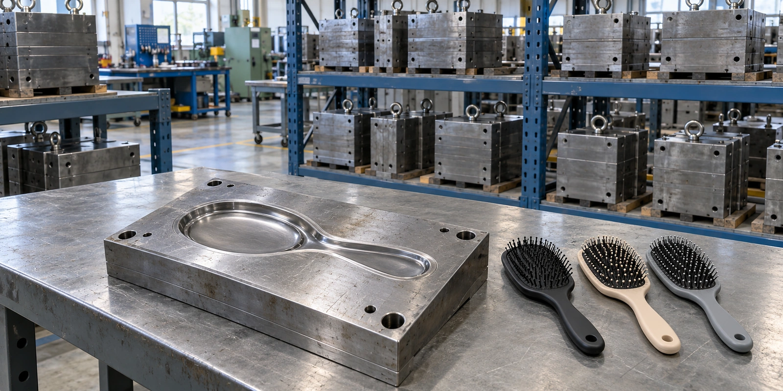 Hair brush mold library with stock handle molds stored on factory shelves