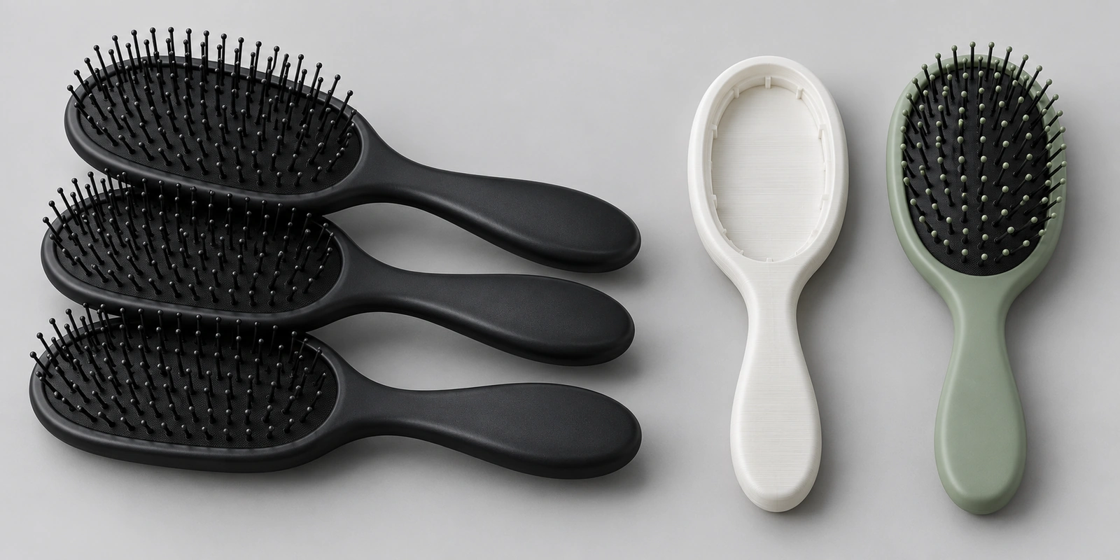 Hair brush MOQ comparison: stock mold paddle brushes beside a custom-shaped brush prototype