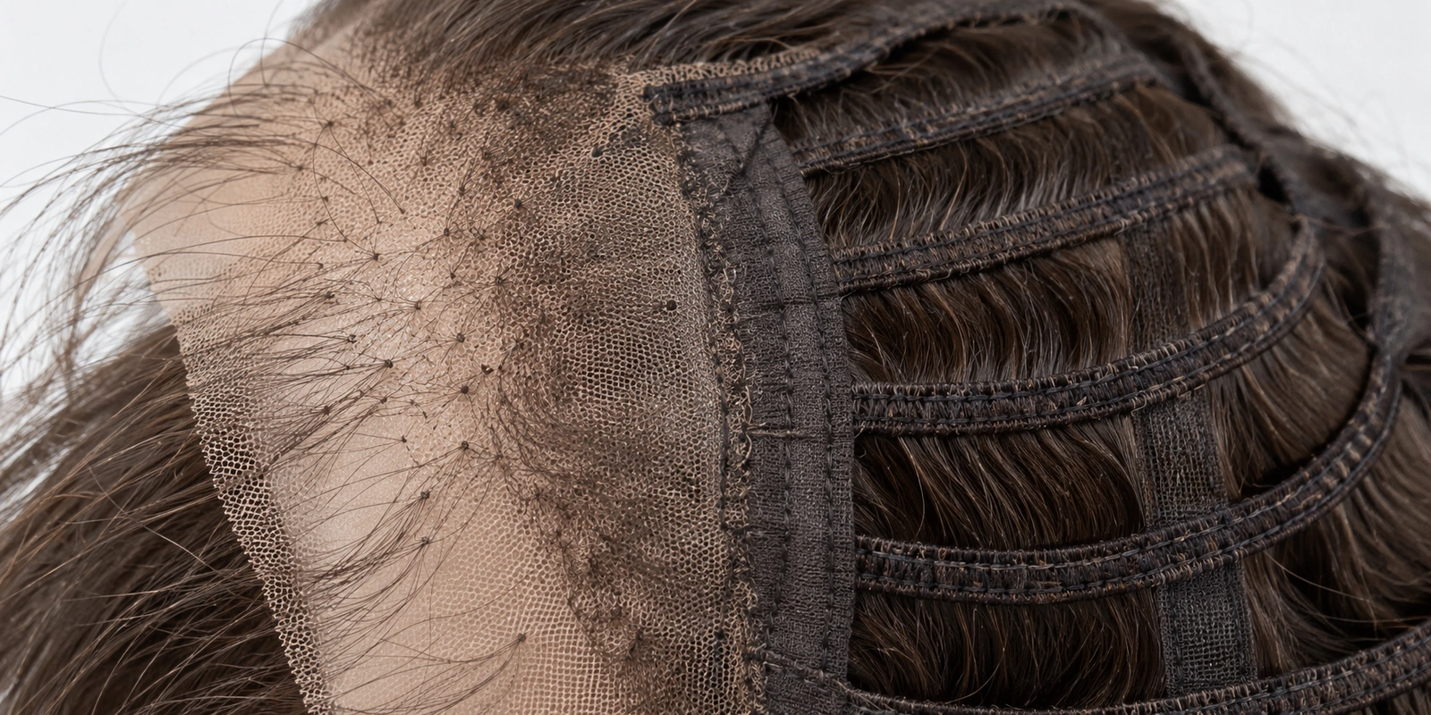Close-up of lace wig cap showing hand-tied knots and sewn wefts where shedding occurs
