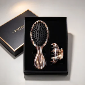 Marbled Brown Acetate Mini Hair Brush & Claw Clip Gift Set