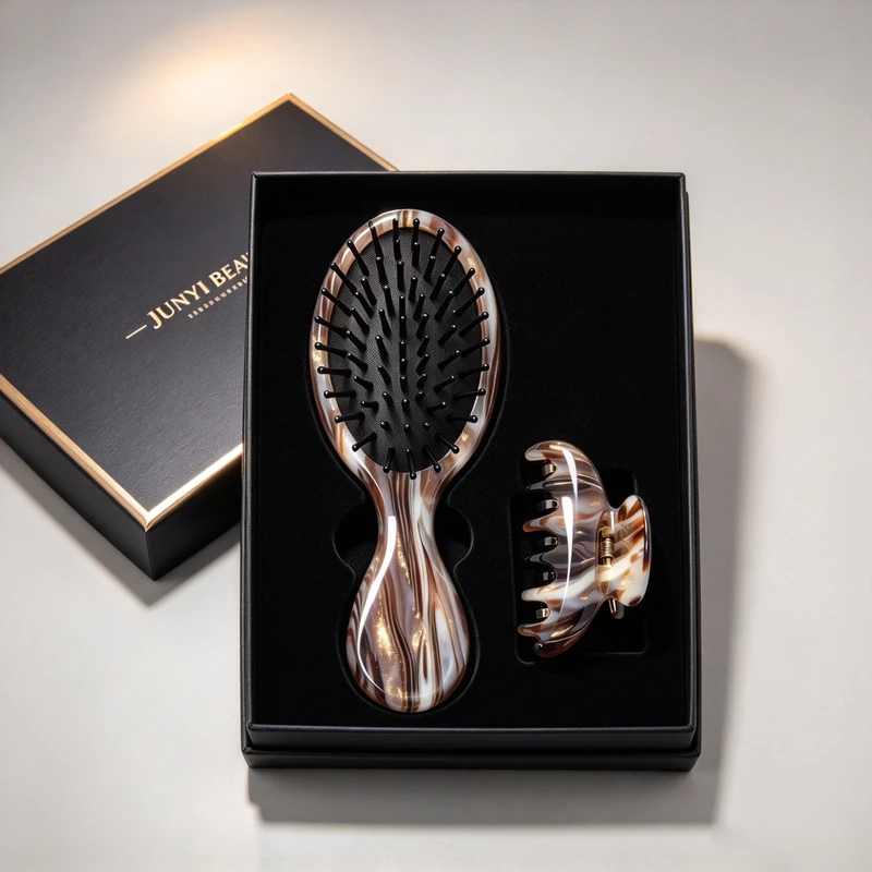 Marbled Brown Acetate Mini Hair Brush & Claw Clip Gift Set