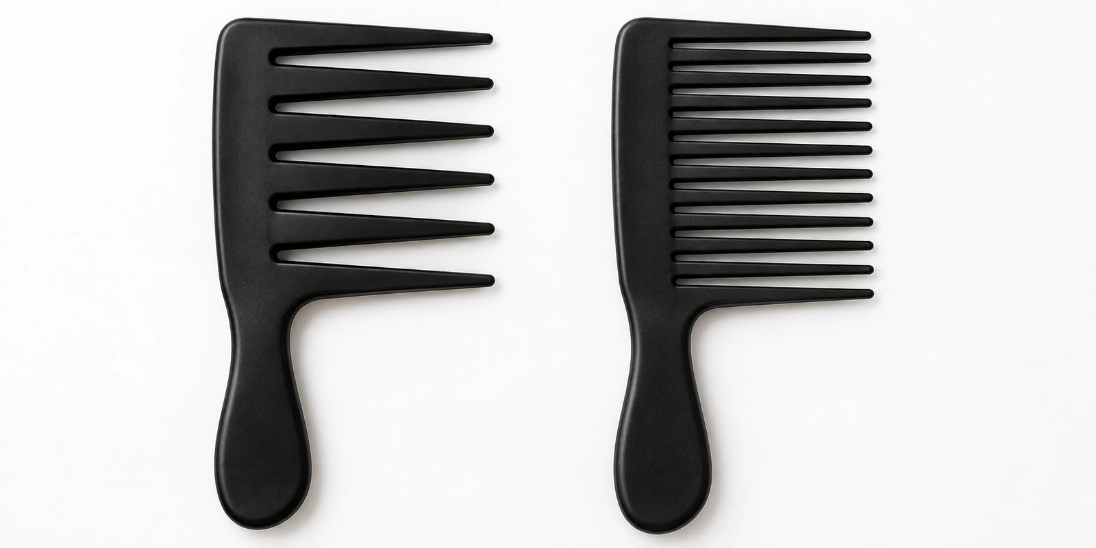Shark tooth comb and standard wide-tooth comb compared side by side showing tooth size and spacing