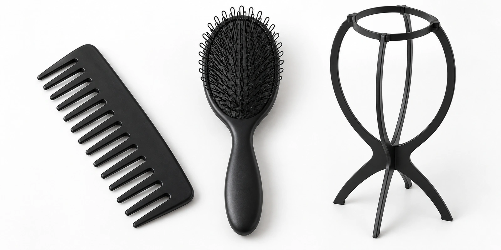 Wig care kit with seamless wide-tooth comb, loop brush and wig stand arranged as a set