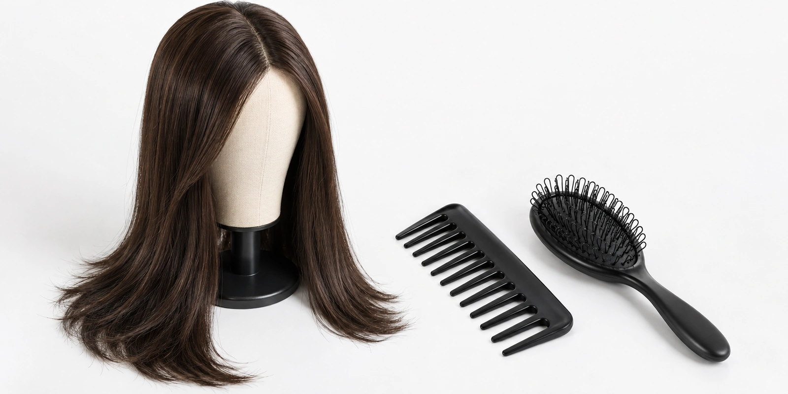 Wide-tooth comb and wig loop brush beside a wig mounted on a stand for shed-free detangling