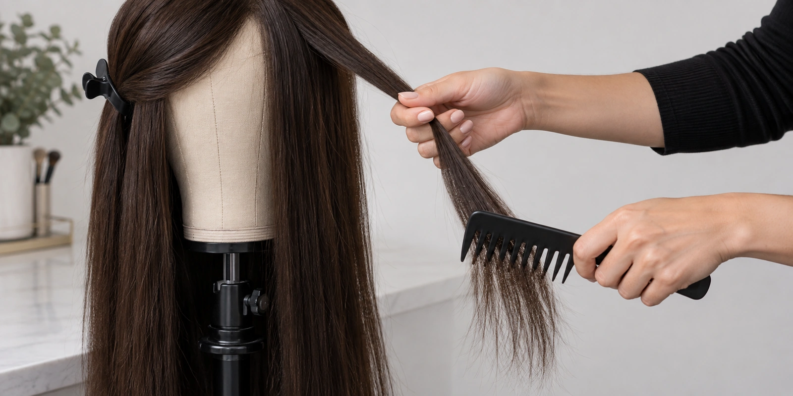 Wig on a stand being detangled from the ends upward while a hand holds the section above the tangle
